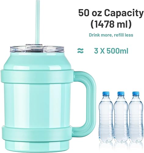 Miniatura 4 de TKK Vaso de 50 onzas con asa y pajilla, gran aislamiento al vacío, de doble pared, reutilizable, de acero inoxidable, jarra de viaje metálica para