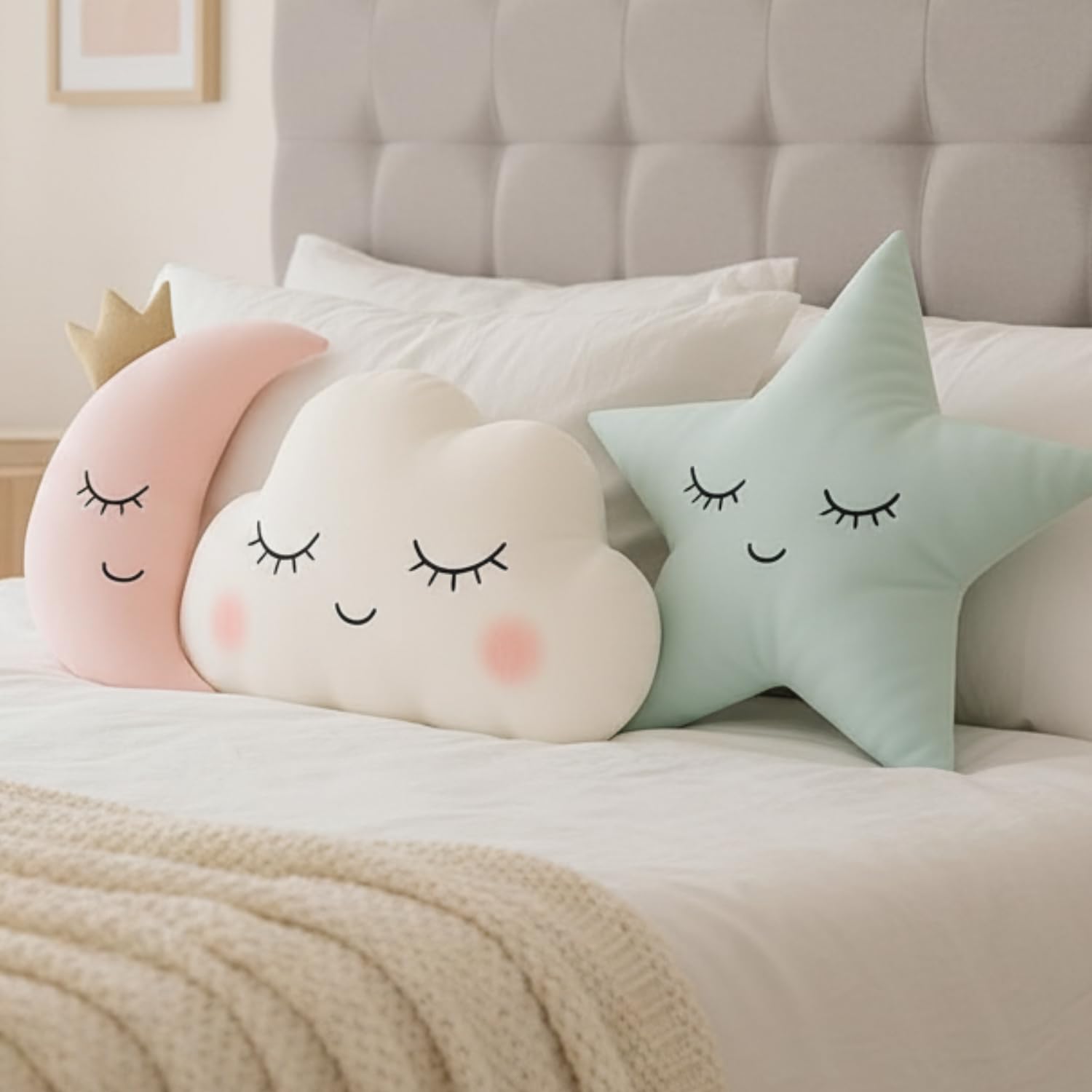 3 Pcs 35X35X35 cm Velvet Fur Cushion Soft Plush Cloud Shaped Pillow Stuffed Stars and Moon Nursery Decor Home Decor for Bedroom Crib Party Supplies | Car Cushion Set (3 Pcs Moon Cloud Star)