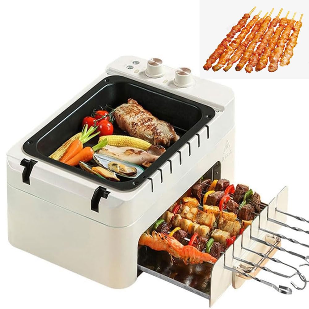 JOSBY Macchina per Kebab da 1000 W, Macchina per Spiedini Senza Fumo Antiaderente a Doppio Strato per Uso Domestico, Griglia per Barbecue Elettrica con Rotazione Automatica a 360°, Design Staccabile