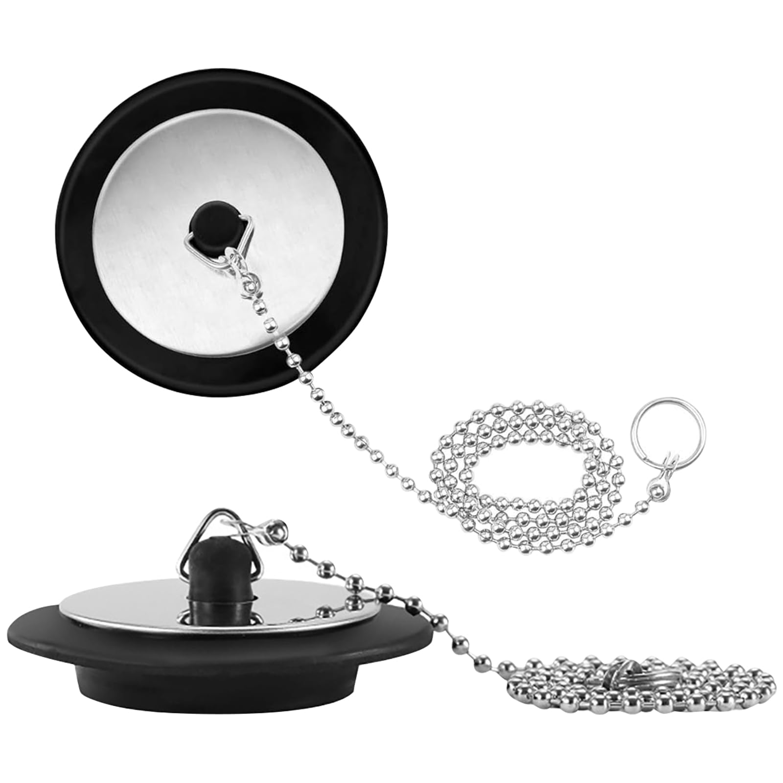 2 Pcs Universal Bath Plug, Kitchen Sink Plug with Stainless Steel Chain, Bath Plug Replacement, Bathroom Sink Plugs Replacement, Drain Stopper for Bathroom Kitchen, 42 mm to 45 mm, Chain Length 40cm