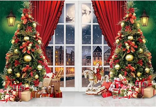 Laeacco Telón de fondo de fotografía de Navidad de 8 x 6 pies, vista de ventana de Navidad, fondo de cortina roja, árboles de Navidad, caballo