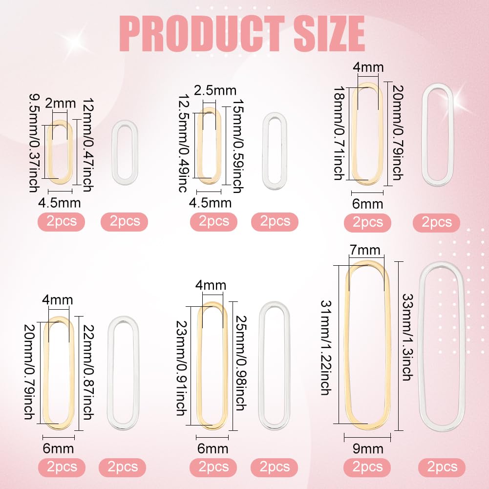 BENECREAT 24 PCS Real 24K Gold & Silver Plated Brass Oval Linking Rings for Jewellery Making