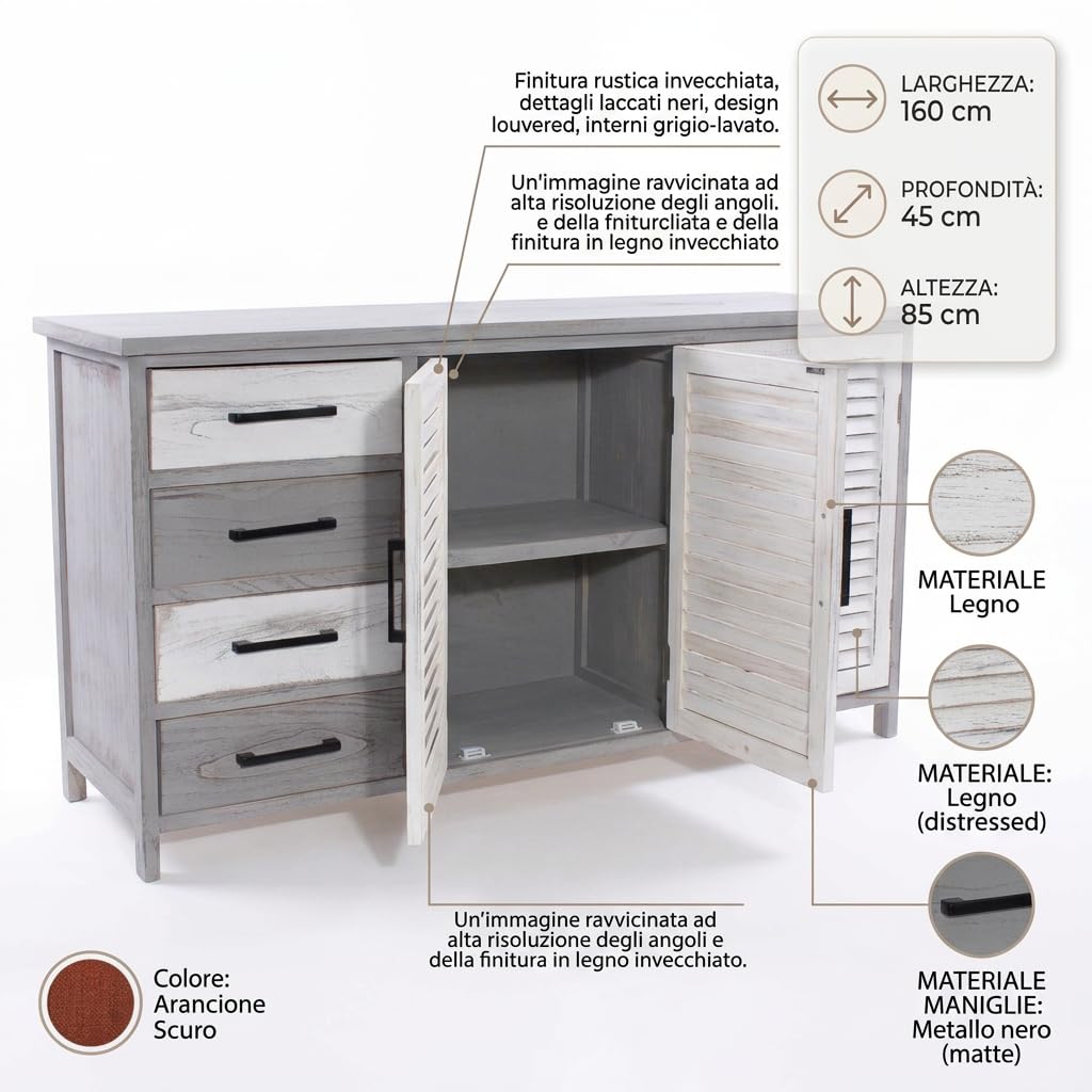 DiKasa Credenza Bicolor in Legno di Paulonia Bianco e Grigio Anticato con 4 Cassetti e 2 Ante a Persiana, Mobile Contenitore per Soggiorno Cucina Ingresso Stile Shabby Chic 128x43x66 cm
