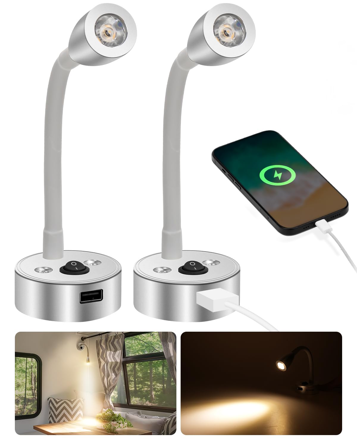 SUPAREE Luce da lettura a LED 12 V 3000 K con porta USB e collo d'oca flessibile 2 pezzi