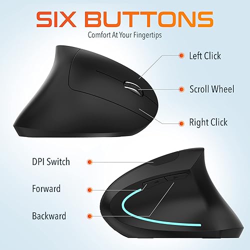 Miniatura 5 de Delton Ratón inalámbrico ergonómico vertical recargable con par automático USB Dongle, 6 botones, 3 niveles de DPI ajustables (80012002400),