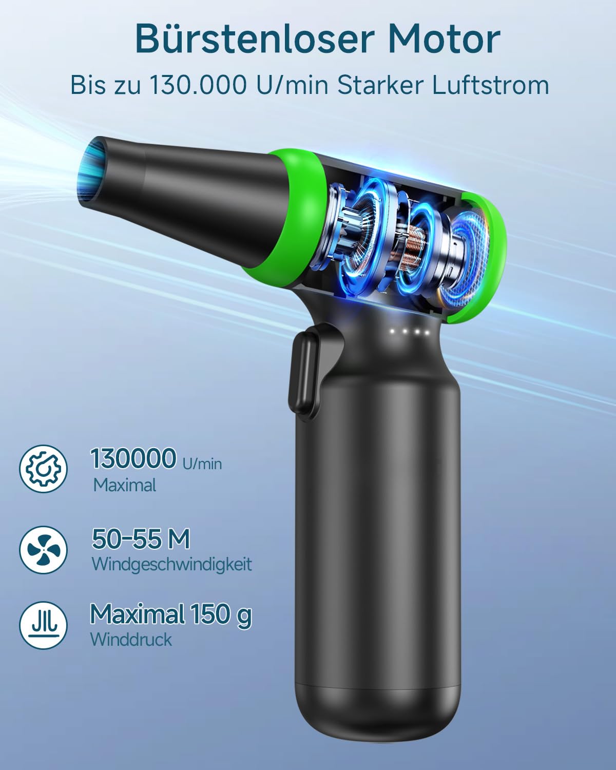 Elektrische Staubgebläse Druckluftspray für PC Reinigung - 3-Gang Air Duster 130000 U/min, Mini-Gebläse, Staubgebläse für Tastatur, Outdoor, Haus und Auto, Compressed Air Luftdruckspray Staubtuch