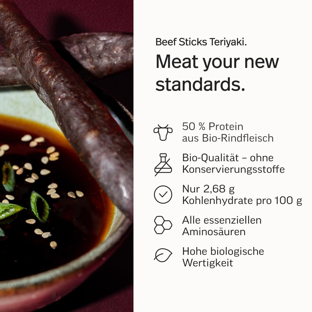 edubily® Beef Sticks Teriyaki - Beef Jerky Snack als herzhafter Protein-Snack für unterwegs - mit 50% Protein aus Bio-Rindfleisch & Tamari-Sauce - low carb (12x25 g, glutenfrei, Bio)