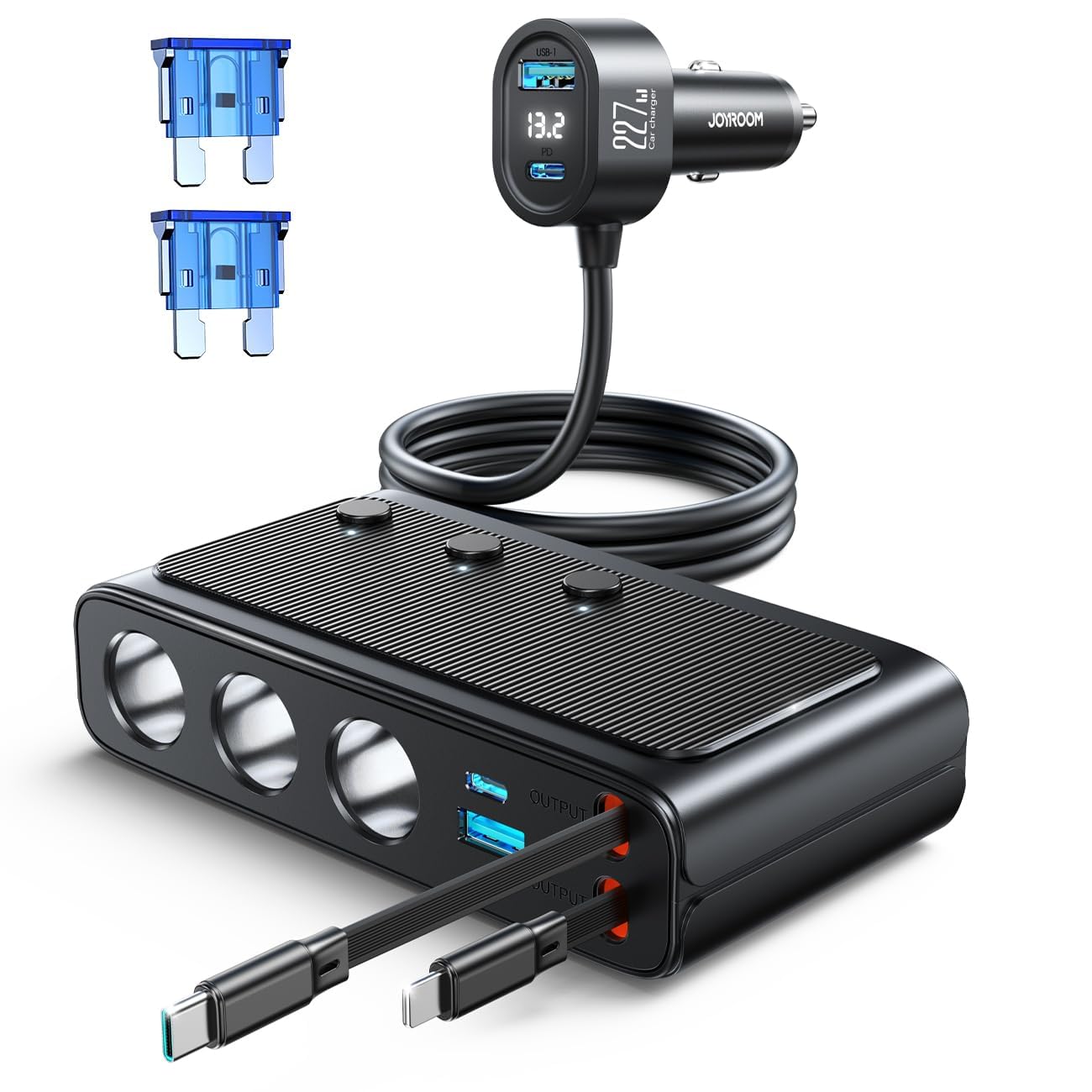 9 in 1 Cigarette Lighter Splitter, JOYROOM 227W Dual Retractable Car Charger with 45W USB C Fast Charger for iPhone 17, 12V/24V Independent Switches DC Cigarette Outlet Car Charger for All Car Devices