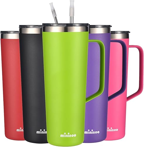 Miniatura 10 de Vaso aislado de 24 onzas con asa, taza de café aislada al vacío de doble pared con tapa y popote, a prueba de fugas (rojo)