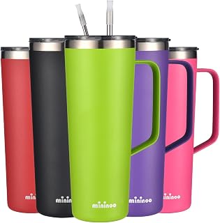 mininoo 24 oz Tumbler with Handle, Insulated Travel Coffee Mug with Lid and Straws, Stainless Steel Coffee Tumbler Leak-proof