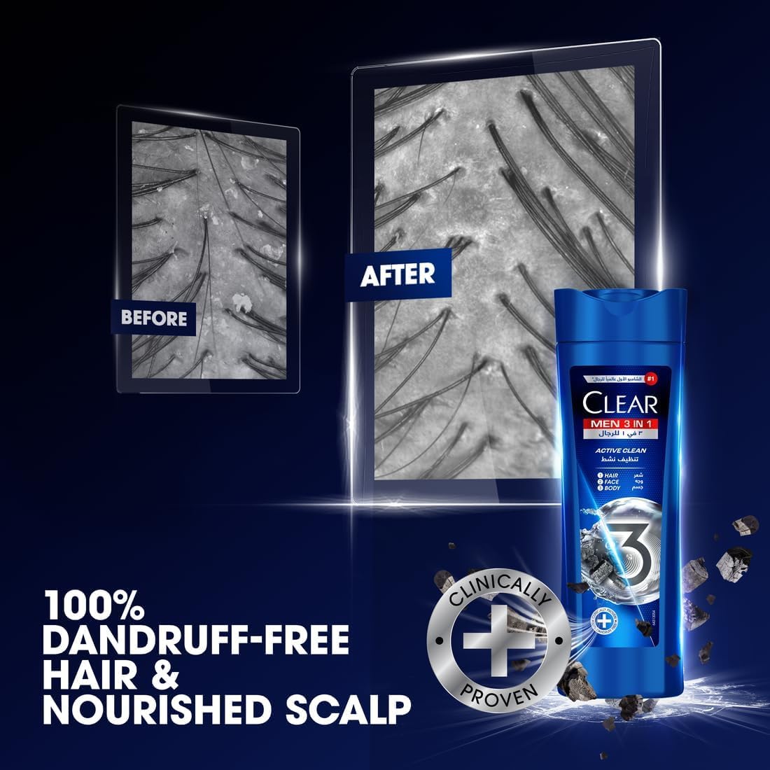 Clear Men Complete Care 3in1 Shampoo For Hair, Face & Body With Activated Charcoal for 100% dandruff free hair and moisturized skin, 400ml Pack of 2, white