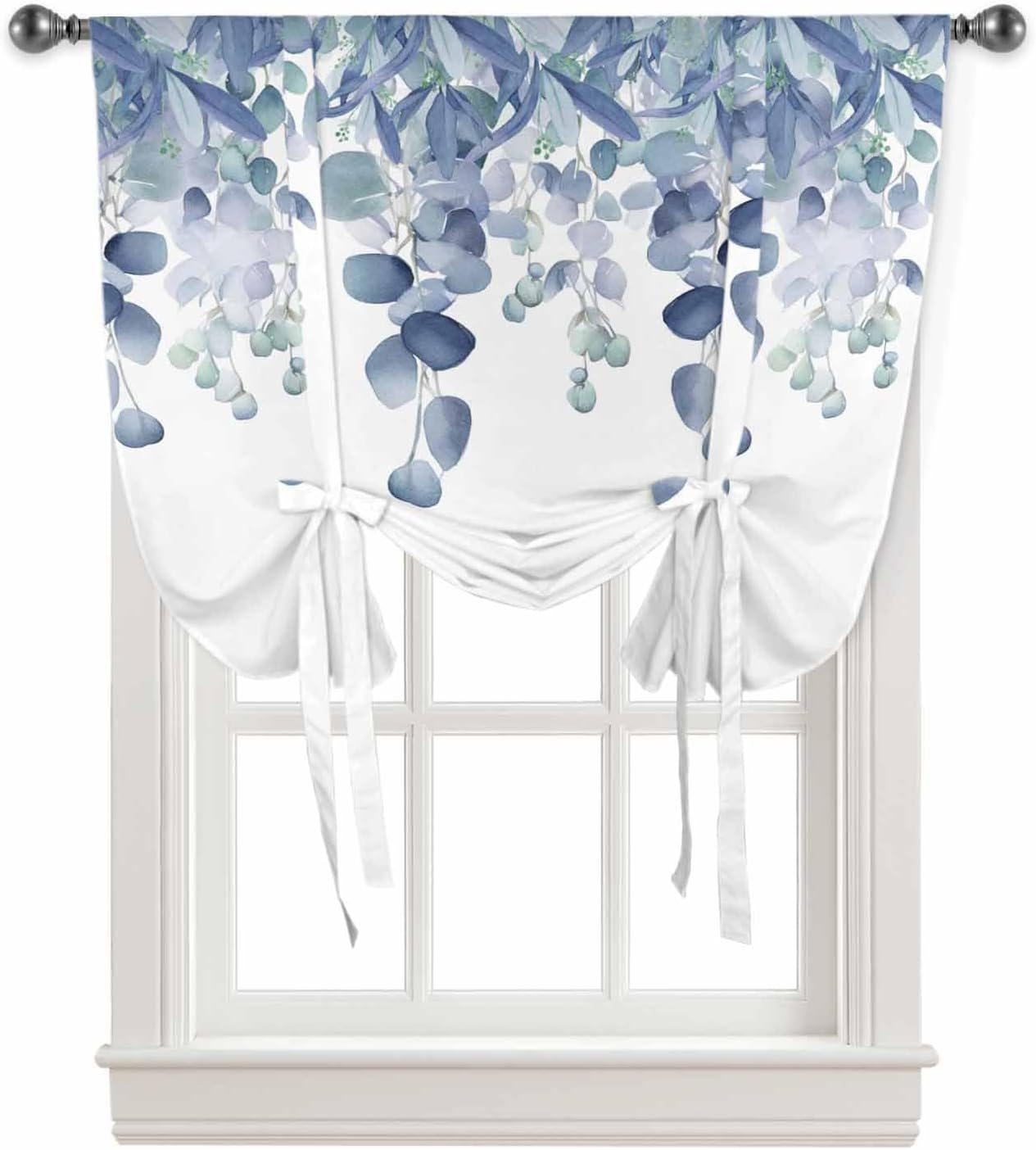 Yukro Tie Up Curtains Window Shades, Spring Summer Watercolor Blue Eucalyptus Leaves Rod Pocket Tie Up Window Shade, Adjustable Balloon Curtain Shade for Blinds Kitchen Bathroom, 1 Panel, 52"x45"