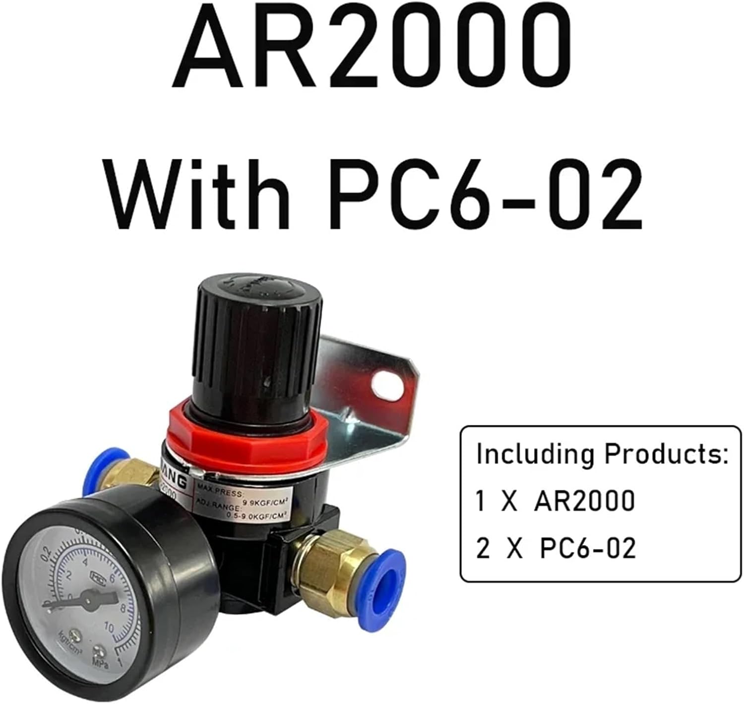 1Pcs AR2000 1/4'' Air Pressure Regulator Control Compressor Pump Gas Regulating Treatment Units With Gauge Adjustable Aluminum Alloy(AR2000 PC8-02)