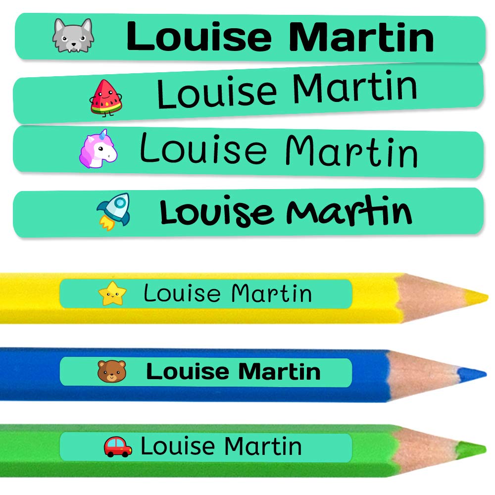 100 Pegatinas personalizadas para la escuela y la guardería. Etiquetas adhesivas de vinilo impermeables de colores para marcar lápices y bolígrafos. Dimensiones 46 x 6 mm