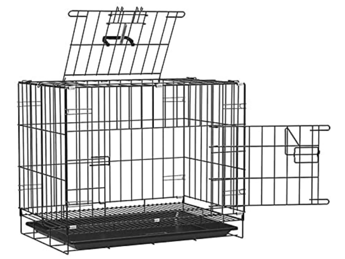 - 30 Inch Double Door Folding Black Metal cage with Removable Tray and paw Protector for Dogs, Cats and Rabbits