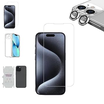 OBSTINATE Mobile Accessories Kit for Apple iPhone 15 Combo of 4 |Transparent Back Cover | Borderless Glass | AR+AF Silver Camera Lens | Back Membrane with Easy Installation Kit