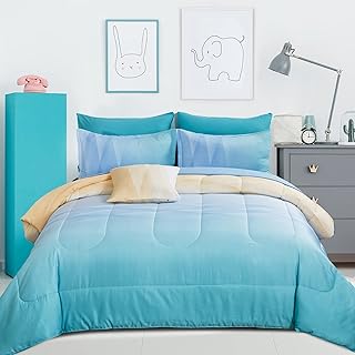 Girls Comforter Set Twin Size Colorful Ombre Blue Yellow Rainbow Bedding Set 6 Pieces Bed in A Bag for Kids Teen Girls (1 Comforter, 1 Flat Sheet, 1 Fitted Sheet, 1 Pillow sham, 2 Pillowcases)