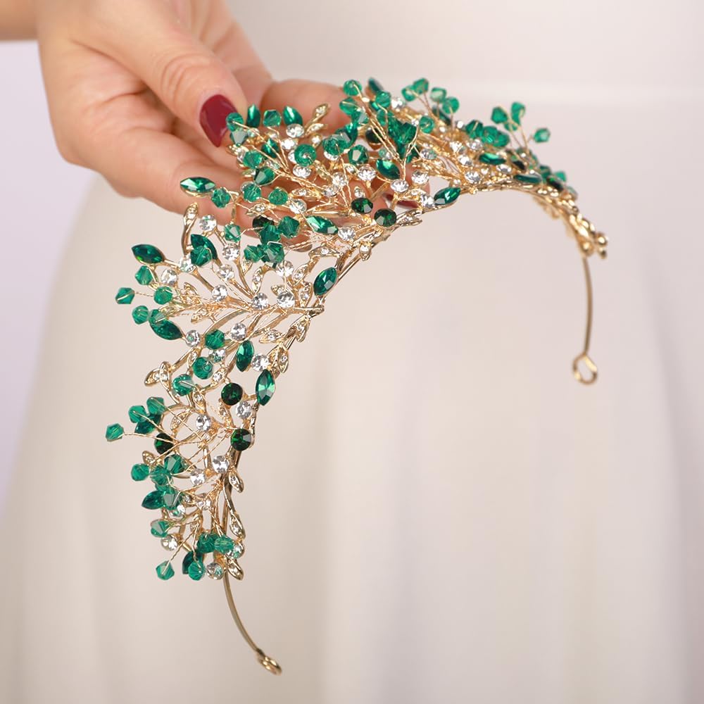 JWICOS Vintage Tiara Crown for Women - Crystal Leaf Green Wedding Headpiece for Birthday, Prom, Party & Queen Crown Hair Accessories
