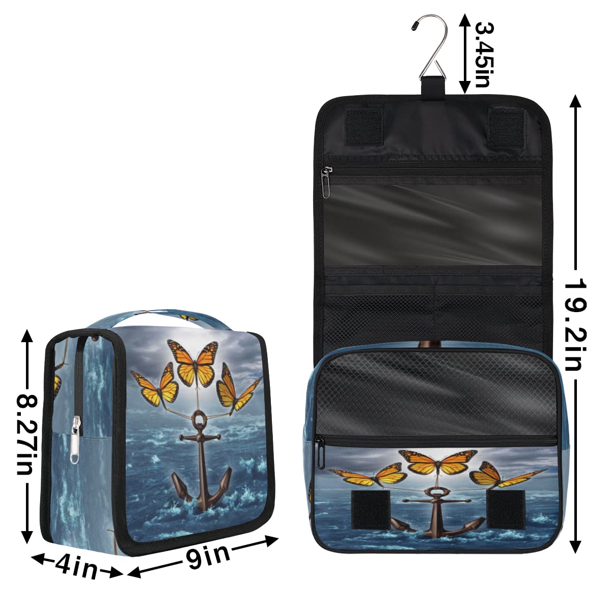 Kotwica Podróżna Kosmetyczka Motyle Kotwica Mycie Torba Unisex Wiszące przybory toaletowe Kosmetyczka Organizer do makijażu, wielobarwny, Jeden rozmiar