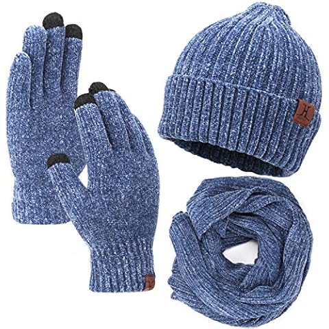 Men Women Winter Warm Unisex Beanie Hat Long Neck Warmer Scarf Touchscreen Gloves Knit Set with Skull Cap Cover