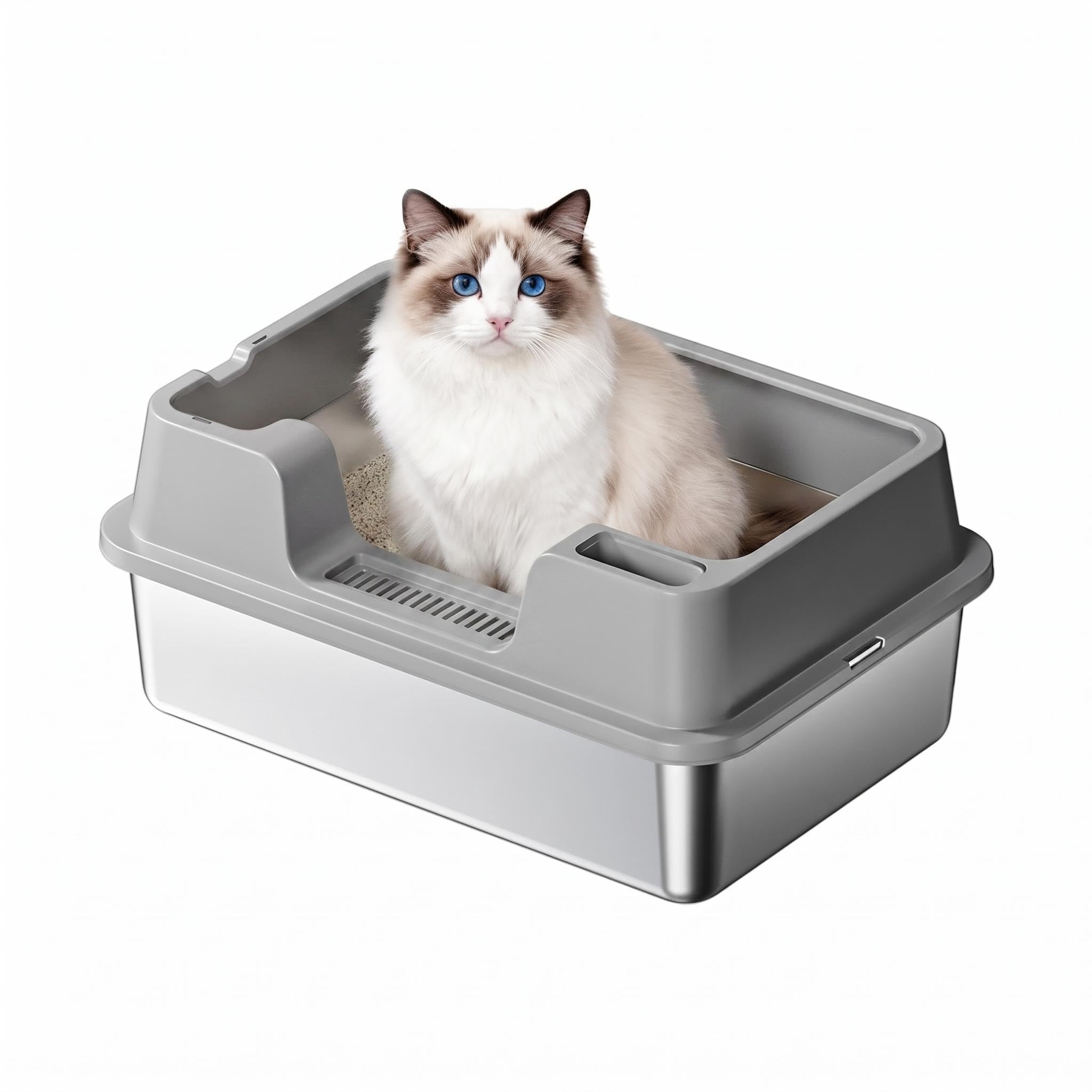 Garvee Lettiera Gatto Acciaio Inox XXL 60x40x22cm, Semichiusa con Bordi Alti per Gatti Grandi e Multipli, Antiaderente, Antiodore, Anti Perdite, con Paletta, Facile da Pulire, Grigio