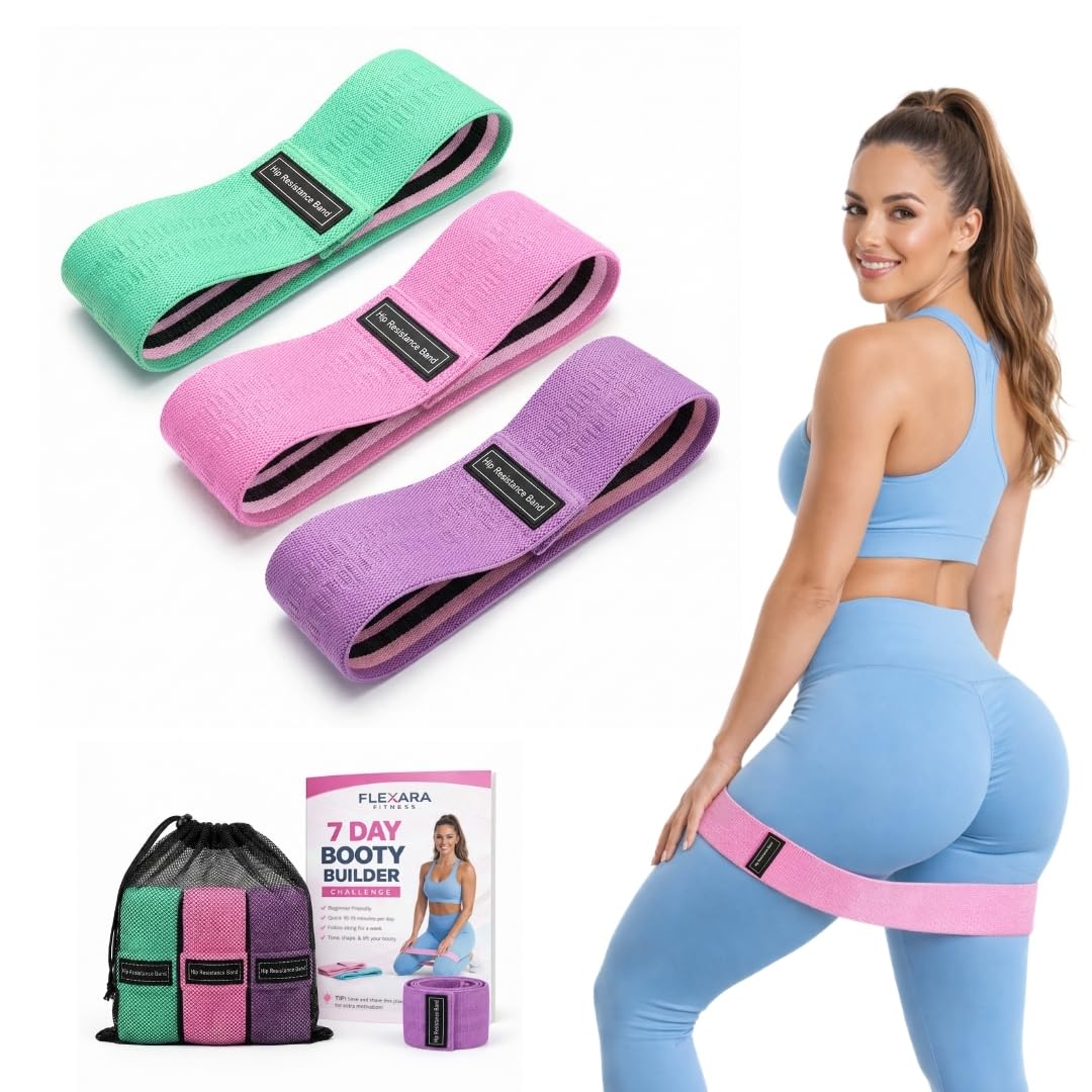 Fabric Resistance Bands Set, 3x Exercise Band Non-Slip Design for Glutes, Hips, 3 Level Workout Bands for Women, Men, Glute Bands for Home Fitness, Physio, Pilates, Includes Carry bag & Guide (Multi)