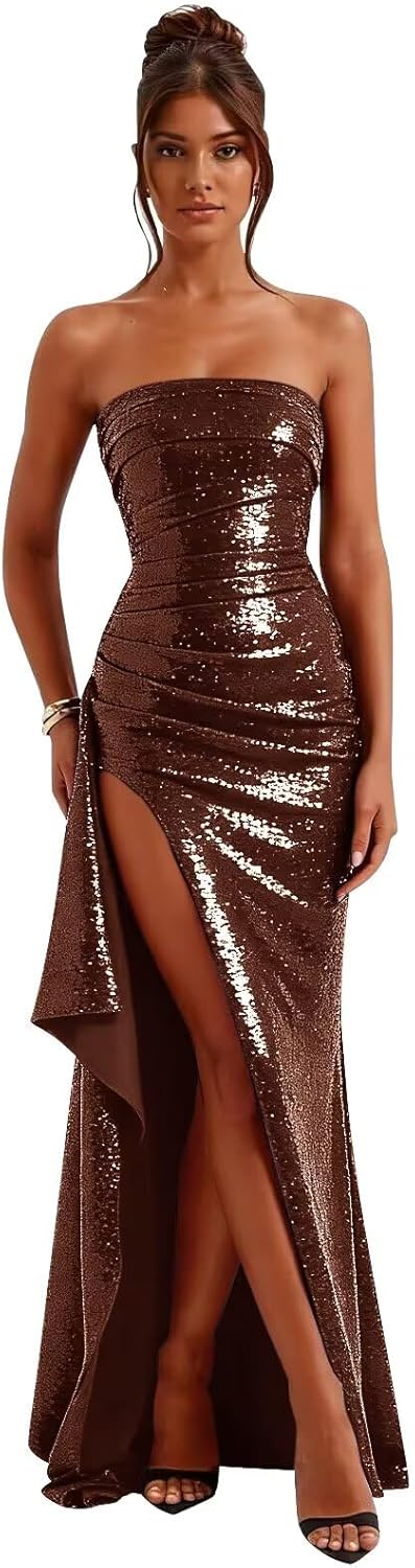 Strapless Sequin Prom Dresses for Women 2026 Sparkly Formal Evening Party Gowns with Slit