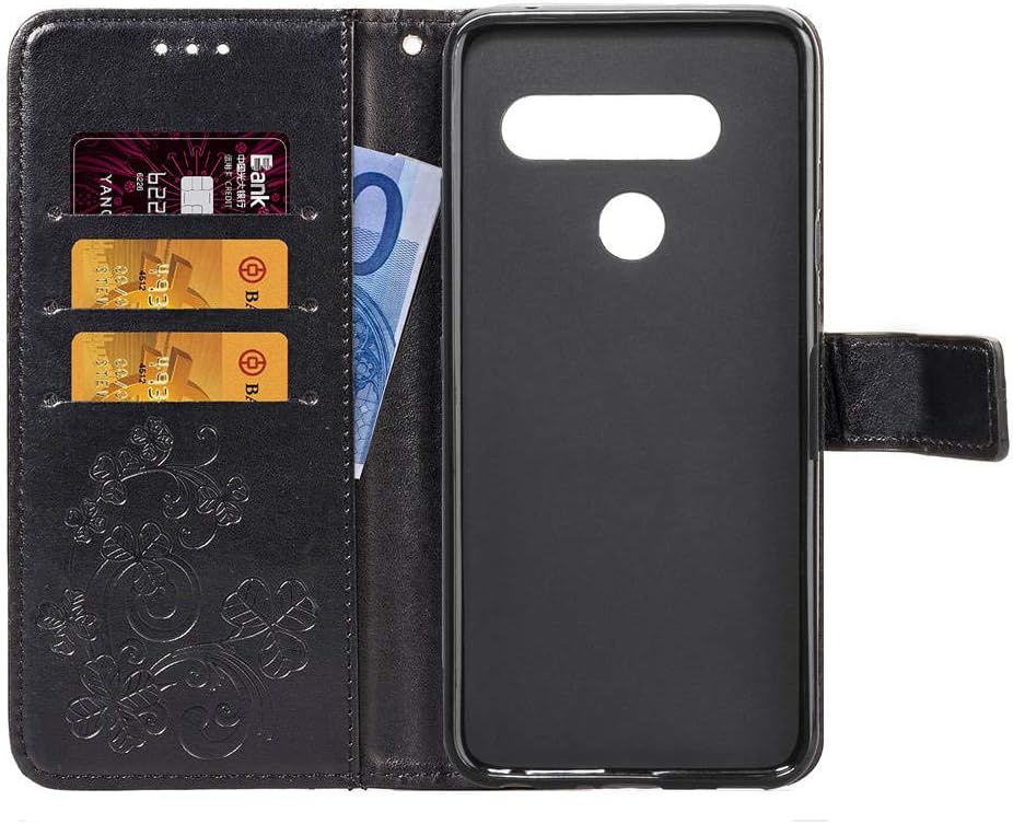 ISADENSER LG V40 ThinQ Case LG V40 Case Clover Design with Magnetic Closure Credit Card Slot Holder [Kickstand] Flip Folio Embossed PU Leather Wallet Case Cover for LG V40 ThinQ Lucky Clover Black