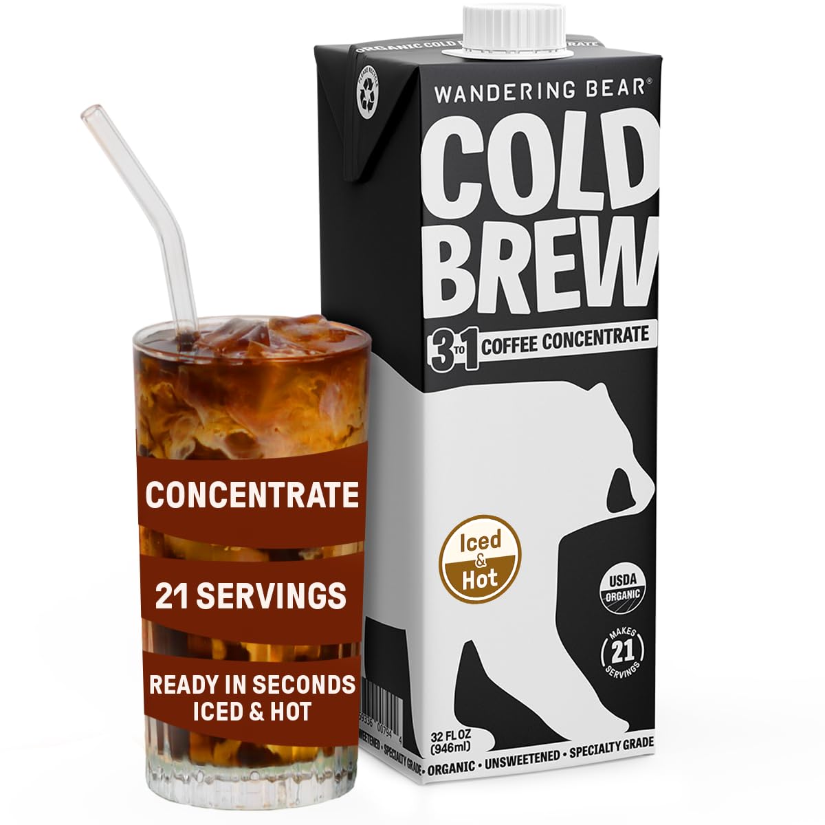 Sponsored Ad - Wandering Bear Organic Unsweetened Extra Strong Cold Brew in a Box - Make Your Own Iced Coffee Drink with Wandering Bear Black Concentrate, Shelf-Stable - 21 Servings - 32 fl.oz