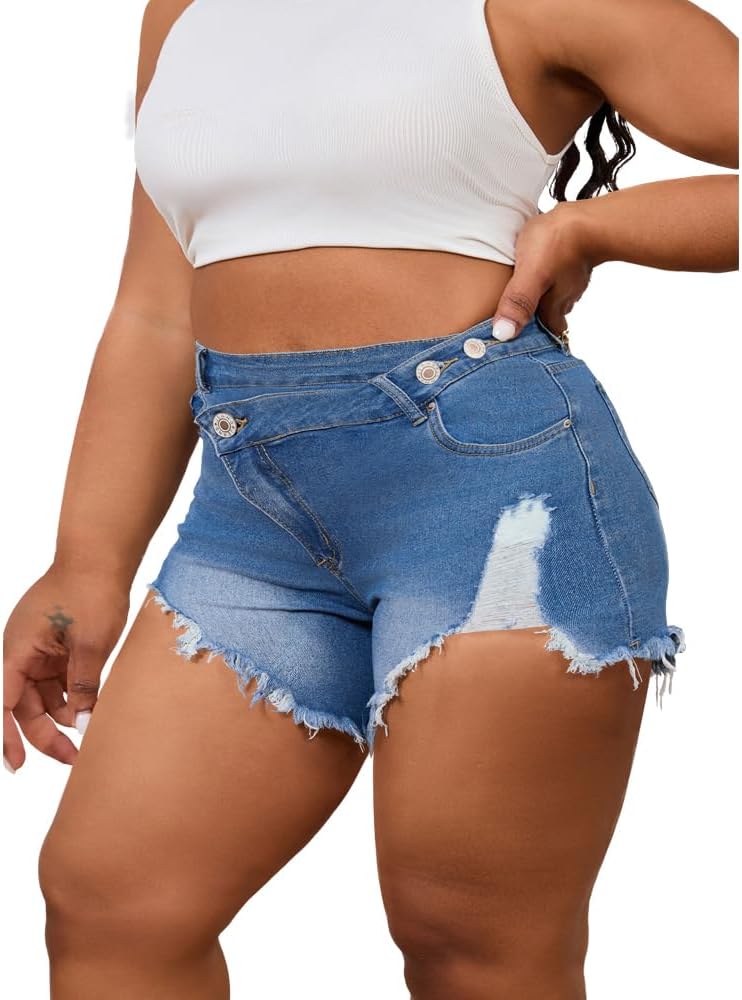 Women's Plus Size High Waisted Crossover Jean Shorts Ripped Raw Hem Summer Hot Denim Shorts - Image 3