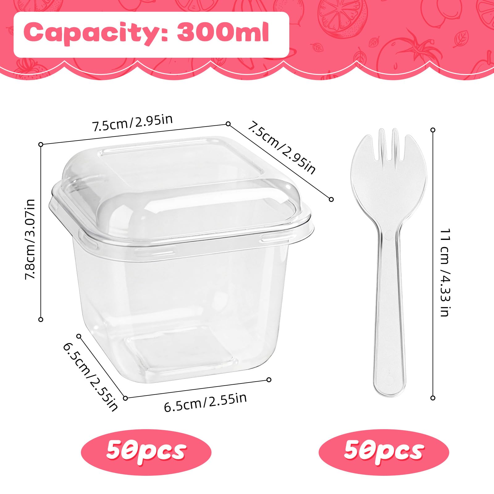 ZEFAN 50 sztuk plastikowych szklanek deserowych z 50 sztukami łyżek, 300 ml szklanki deserowe z pokrywką, kwadratowe plastikowe kubki z pokrywką, wielokrotnego użytku plastikowe kubki deserowe do