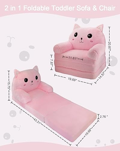 Miniatura 2 de Silla para niños pequeños 2 en 1 sillas para niños Cómodo sofá plegable para niñas y niños de 1 a 3 años, gato rosa