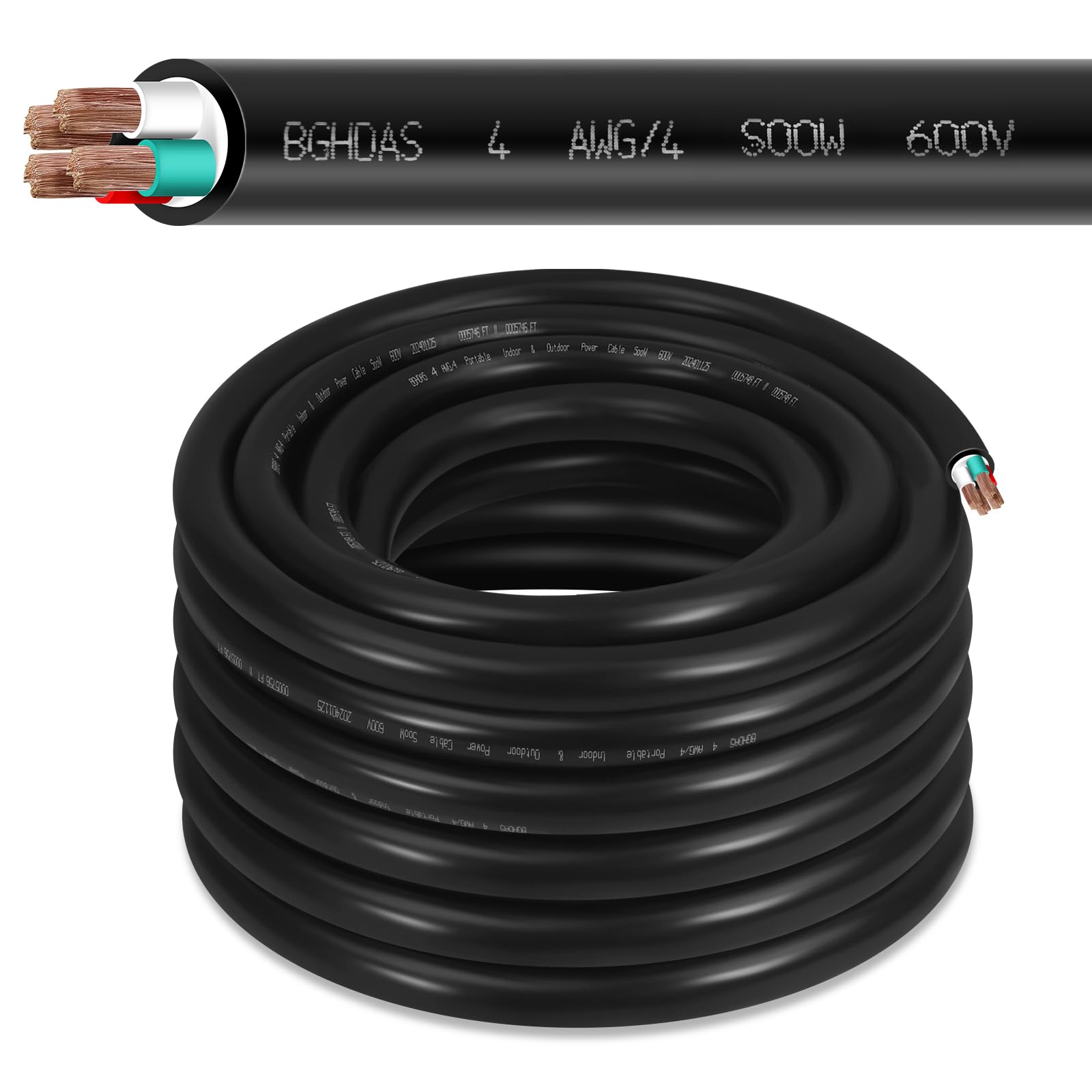 25ft 4/4 4 AWG Portable Power Cable (4 Conductor) - SOOW 600V 4 Gauge Electric Wire for Motor Leads, Generator, Portable Lights, Car Battery Chargers