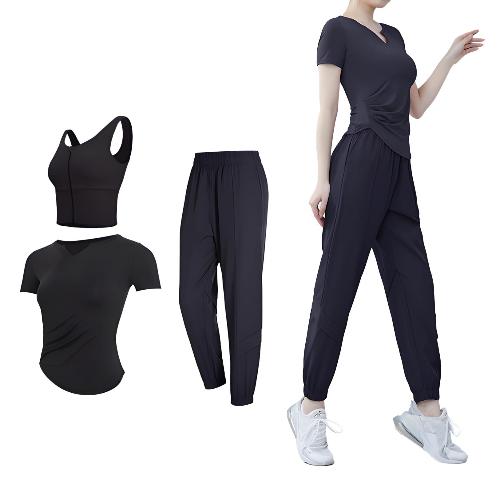 Set da allenamento da donna, reggiseno sportivo, top a maniche corte e pantaloni lunghi, per yoga e palestra, tessuto in poliestere spandex XXL, traspirante, design anti pelucchi