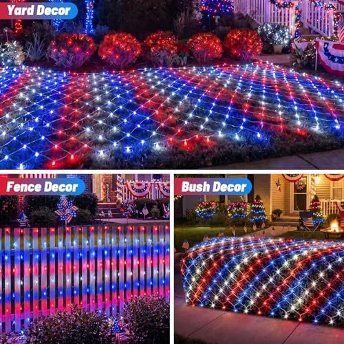 HELESIN 4th of July Decoration Solar Lights Outdoor, 12FT x 6FT 360LED Red White Blue Solar String Light with 11 Modes Timer Remote, Waterproof Patriotic Lights for Memorial Day Independence Day Bush by HELESIN - Used condition - Image 4