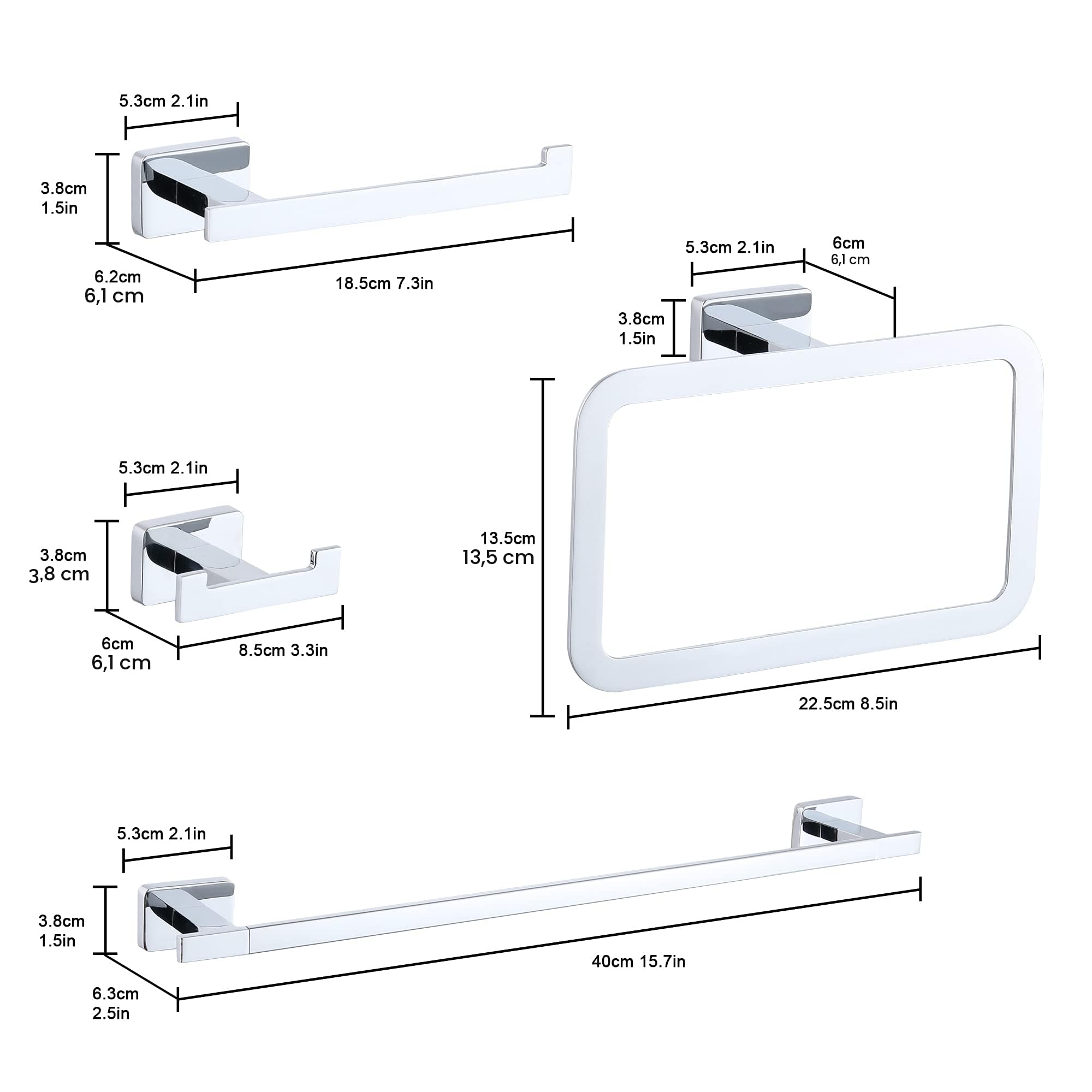 DUFU Juego de Accesorios de Baño 4 en 1 Acero Inoxidable - Toallero Bar 40cm + Soporte para Papel Higiénico + Anillo + Ganchos | Perforación | Plata Brillante