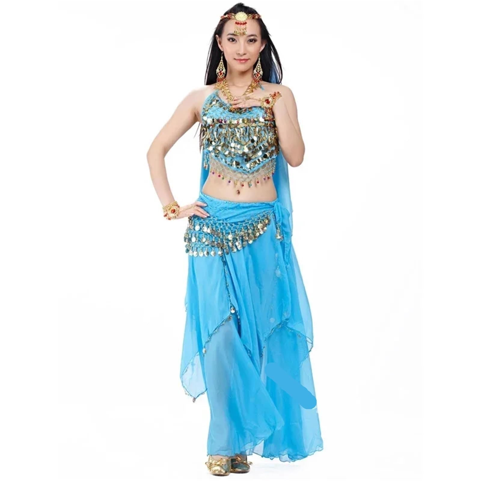 TRRYUIP Belly Dance Skirt Costume Set Belly Dance Top Scarf Skirt Women(Lake Blue,5-pieces)
