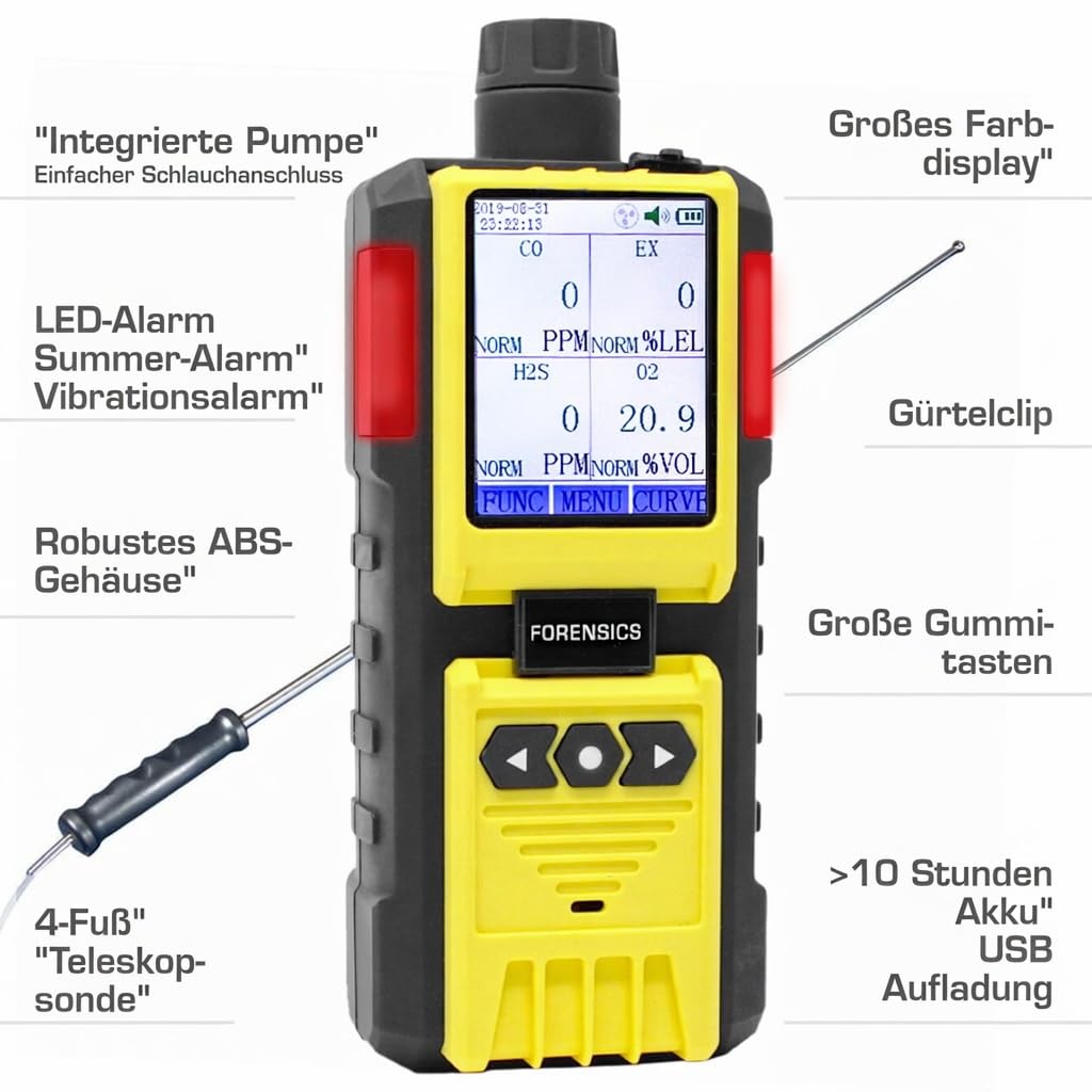 4-Gas-Messgerät mit Pumpe und Sonde | EU-Kalibrierzertifikat | Integrierte Pumpe und 4-Fuß-Sonde | Sauerstoff (O2), Kohlenmonoxid (CO), Schwefelwasserstoff (H2S), EX%UEG