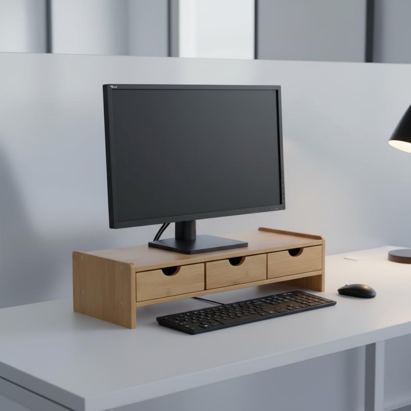 Supporto Rialzo Schermo Mensola Scrivania Organizer con Cassetti in bambù Design Ergonomico per Migliorare Postura E Ottimizzare Spazio Adatto a Ufficio, Cassetto Triplo