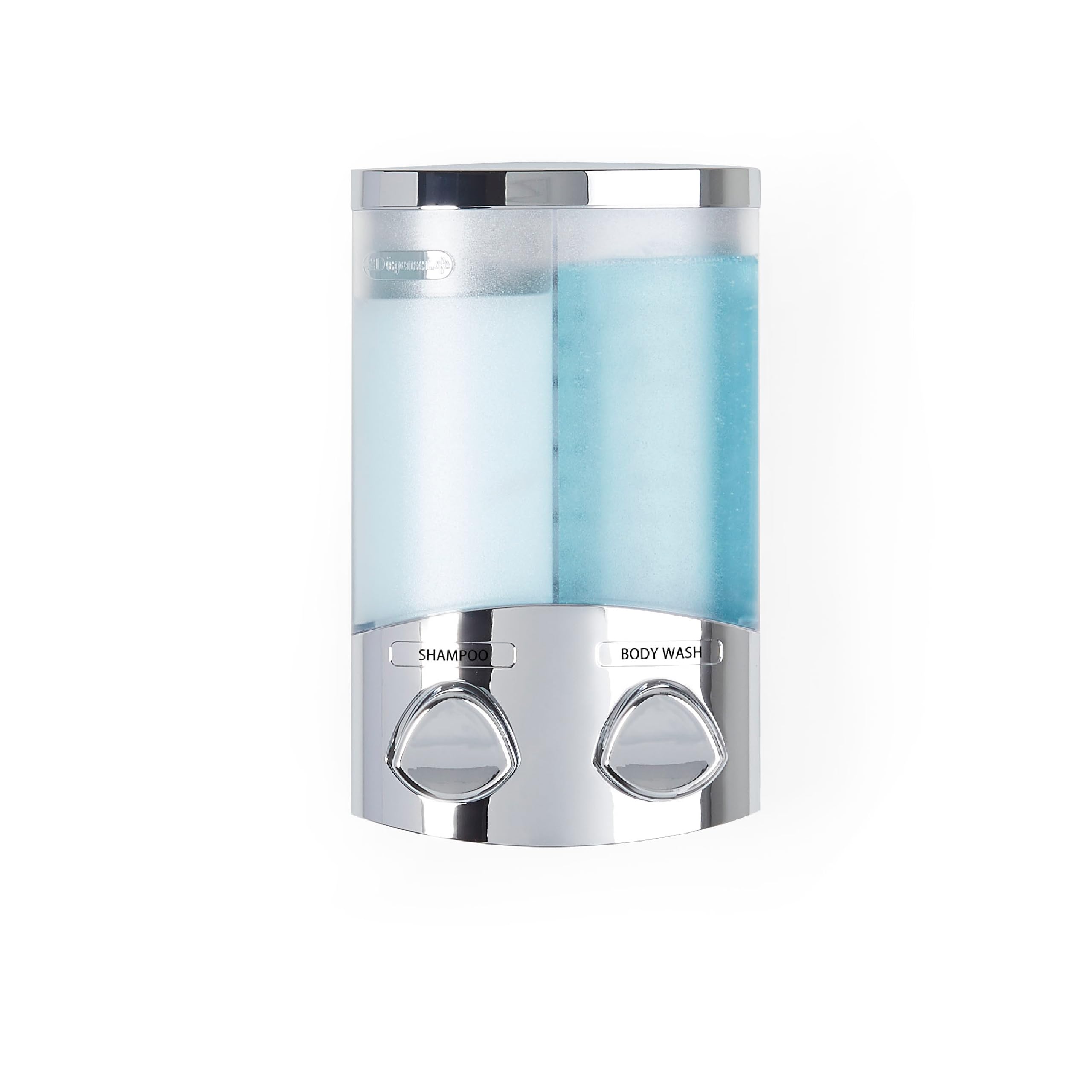 Better Living Seifen-, Duschgel- und Shampoo-Spender, in Chrom-Finish, ABS-Kunststoff, Chrome, 2-Chamber | Wandhalterung, integrierte Aufbewahrungshaken, Eck- oder flache Wandmontage, kein Bohren