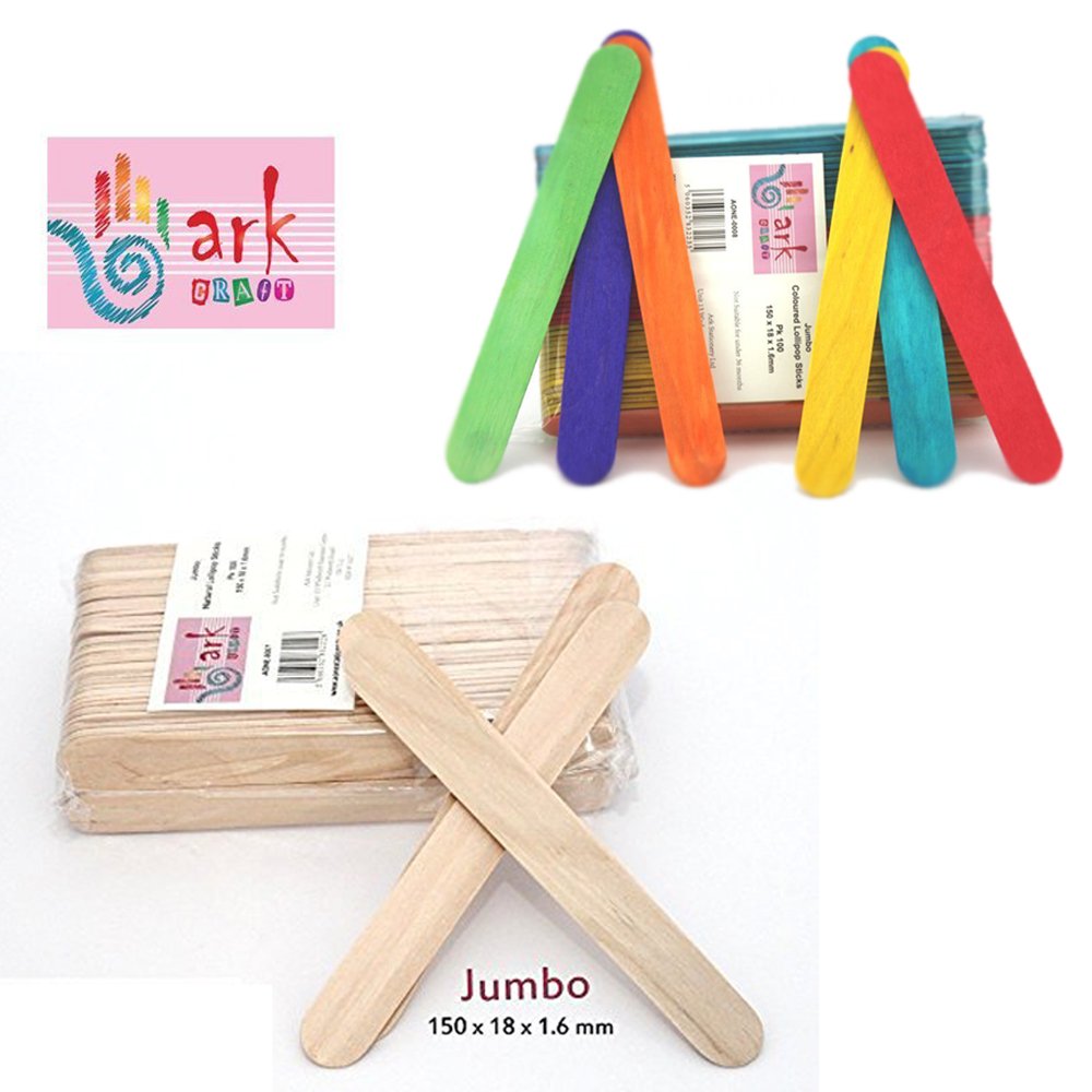 Pack of 100 Multi Coloured & 100 Natural Jumbo Sized Wooden Art & Craft Lollipop Sticks by arkCRAFT...