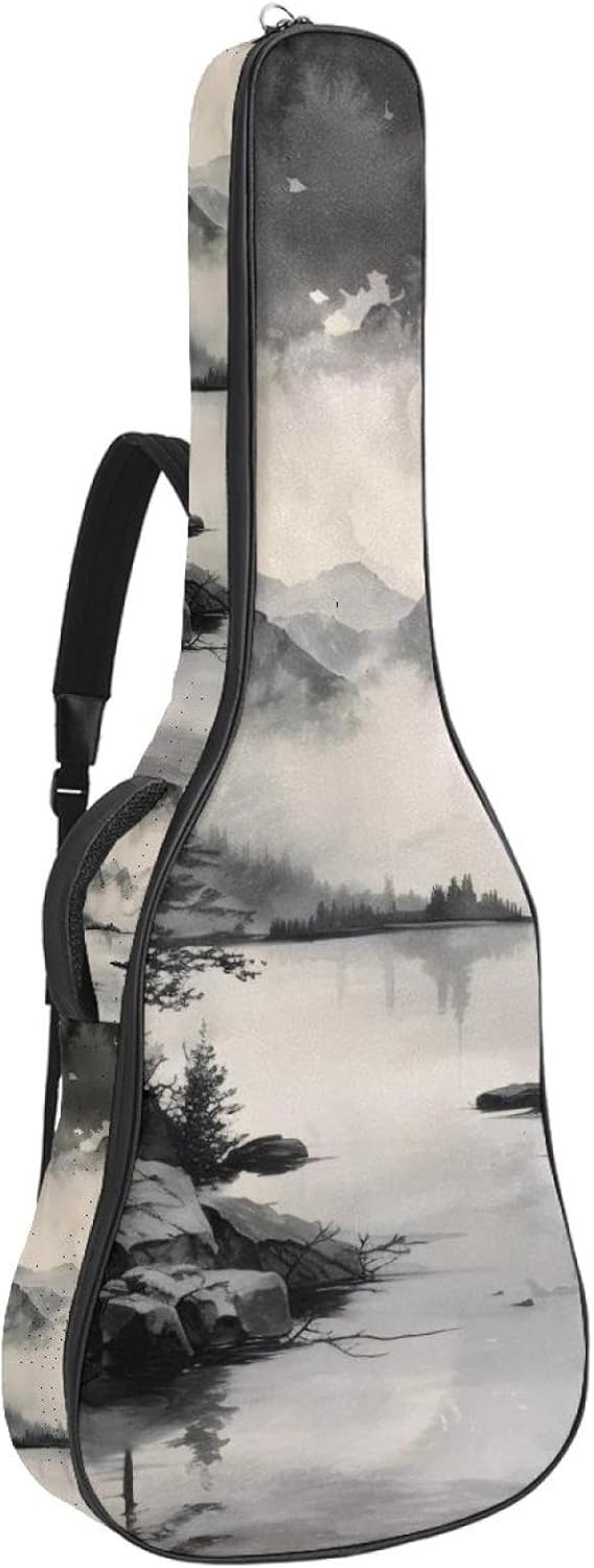40 41 42 Inch Guitar Bags, Waterproof Padded Acoustic Guitar Case Backpack with Adjustable Shoulder Strap & Pockets, Ink Painting Landscape Grey