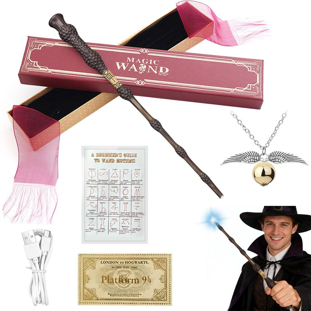 Dumbledore Wand, 38CM Dumbledore Magic Wand Light Up, USB Charging Glow Magic Wand, Hand Carved Wands in Gift Box Spell Card, Station Ticket and Necklace — image 1