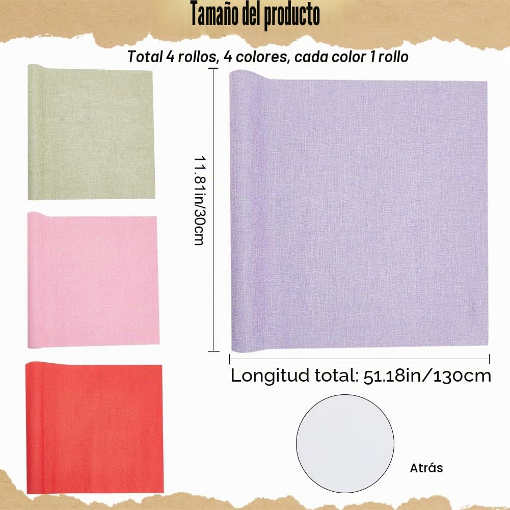 CRASPIRE 4 Tela de 51 x 11.8 Pulgadas para Encuadernación de Libros A4-A8 Superficie de Tela de Lino con Respaldo de Papel Rojo Rosa Verde Y Morado para Álbumes de Recortes Suministros Protectores