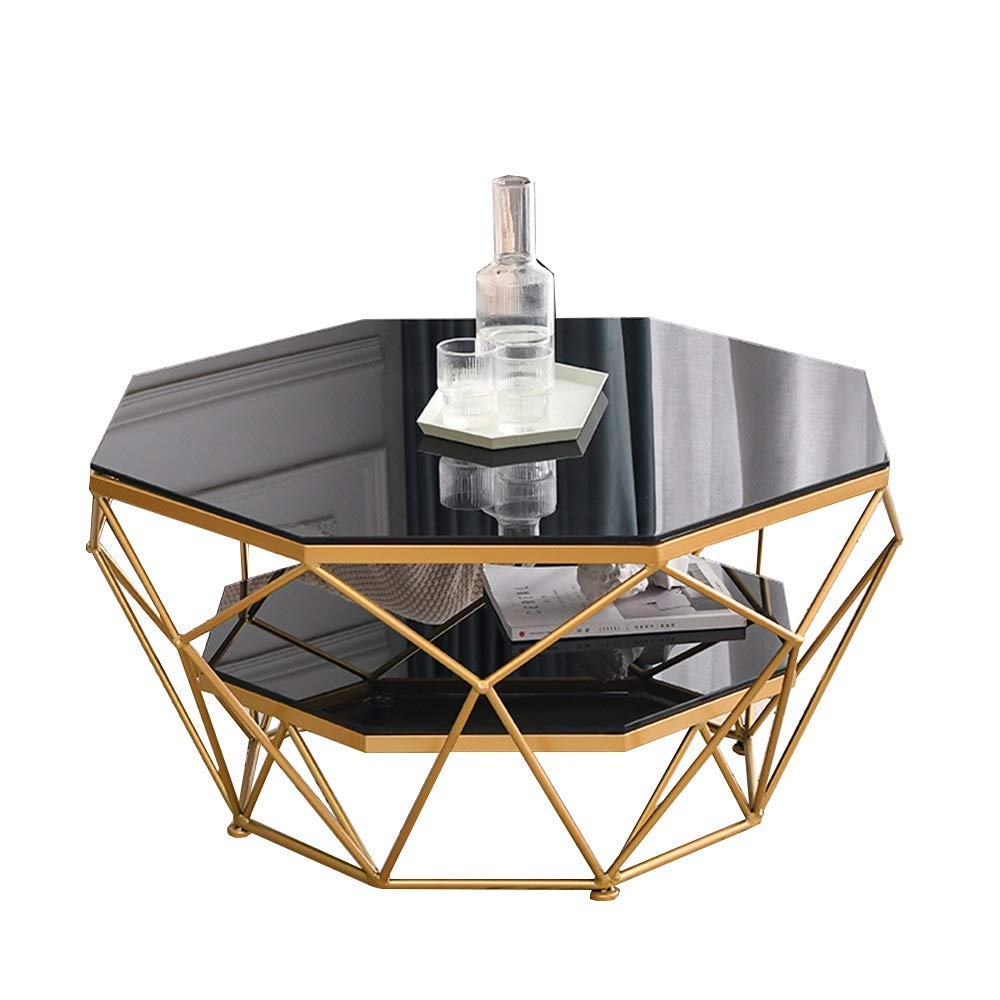 Table basse ronde en verre trempé d'architecte et structure dorée