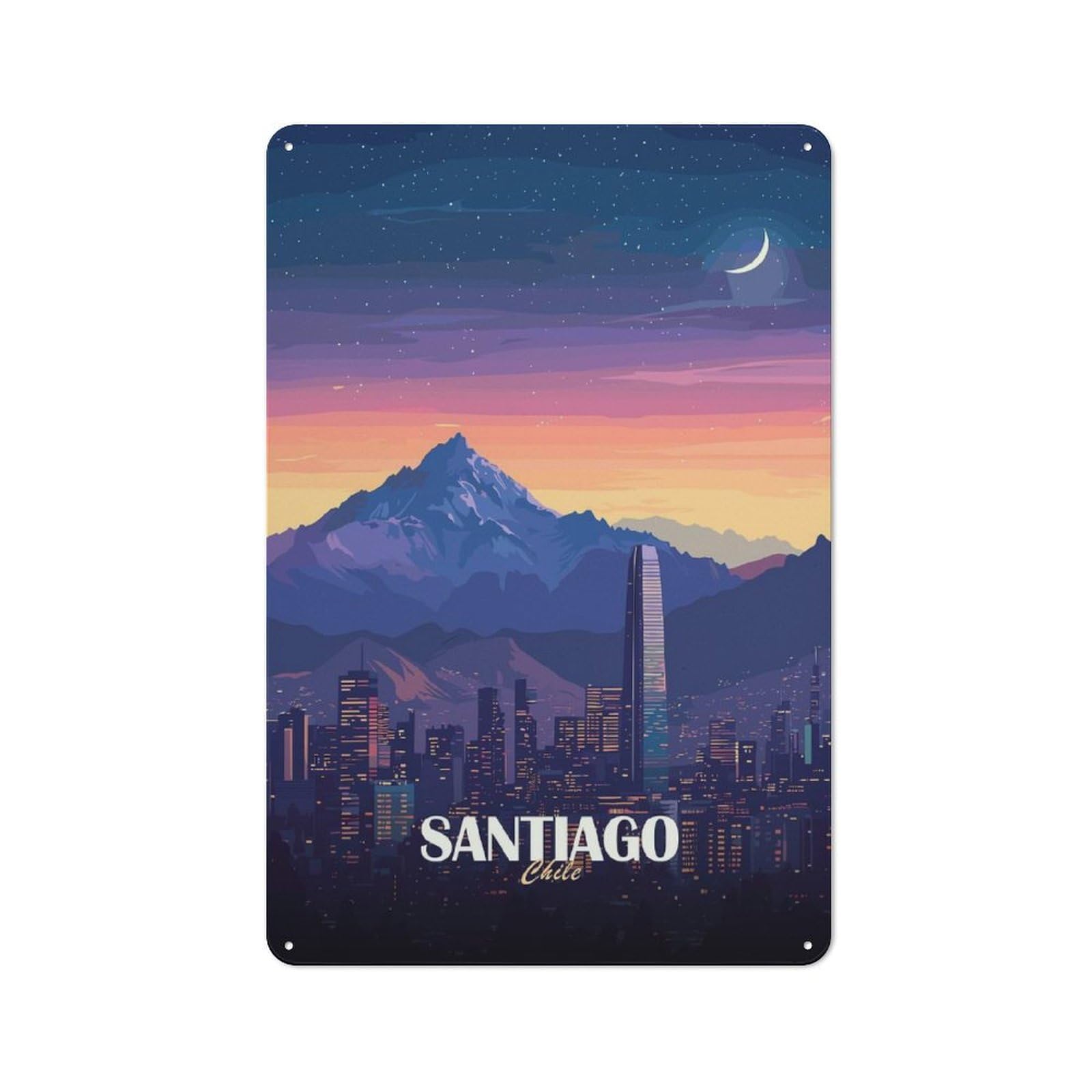 Santiago, Chile Cityscape at Night Decorative Metal Plaque 30x20cm, Shop Front Style Bistro Wall Plaque for Tea Room, Shop Wall Or Breakfast Area