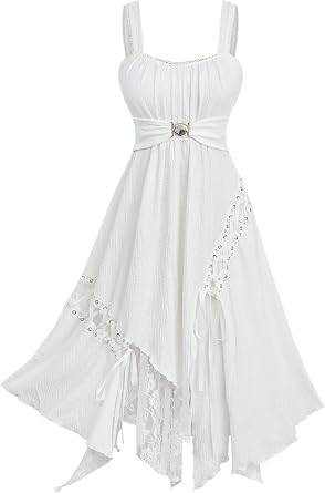 DRESSFO Womens Lace-up Grommets Lace Trim Shell Buckle Ruffles Asymmetrical White Cocktail Midi Dress