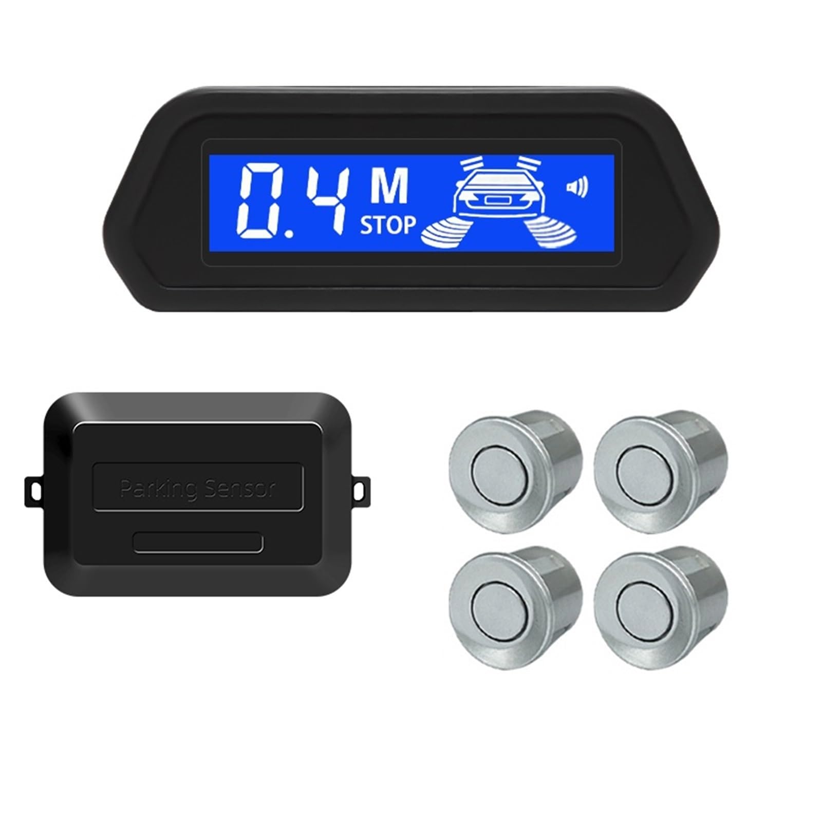 Aparcamiento asistido Aparcamiento Coche Con Monitor Marcha Atrás Parktronic Automático 4 Sensores Sistemas Detección Radar Pantalla Retroiluminada Control Distancia(Silver)