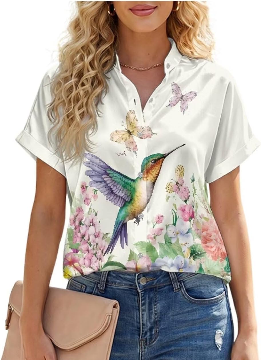 Womens Button Down Shirts Short Sleeve Satin Blouses Silky Tops Casual Loose Work Shirt Dressy Business Outfits