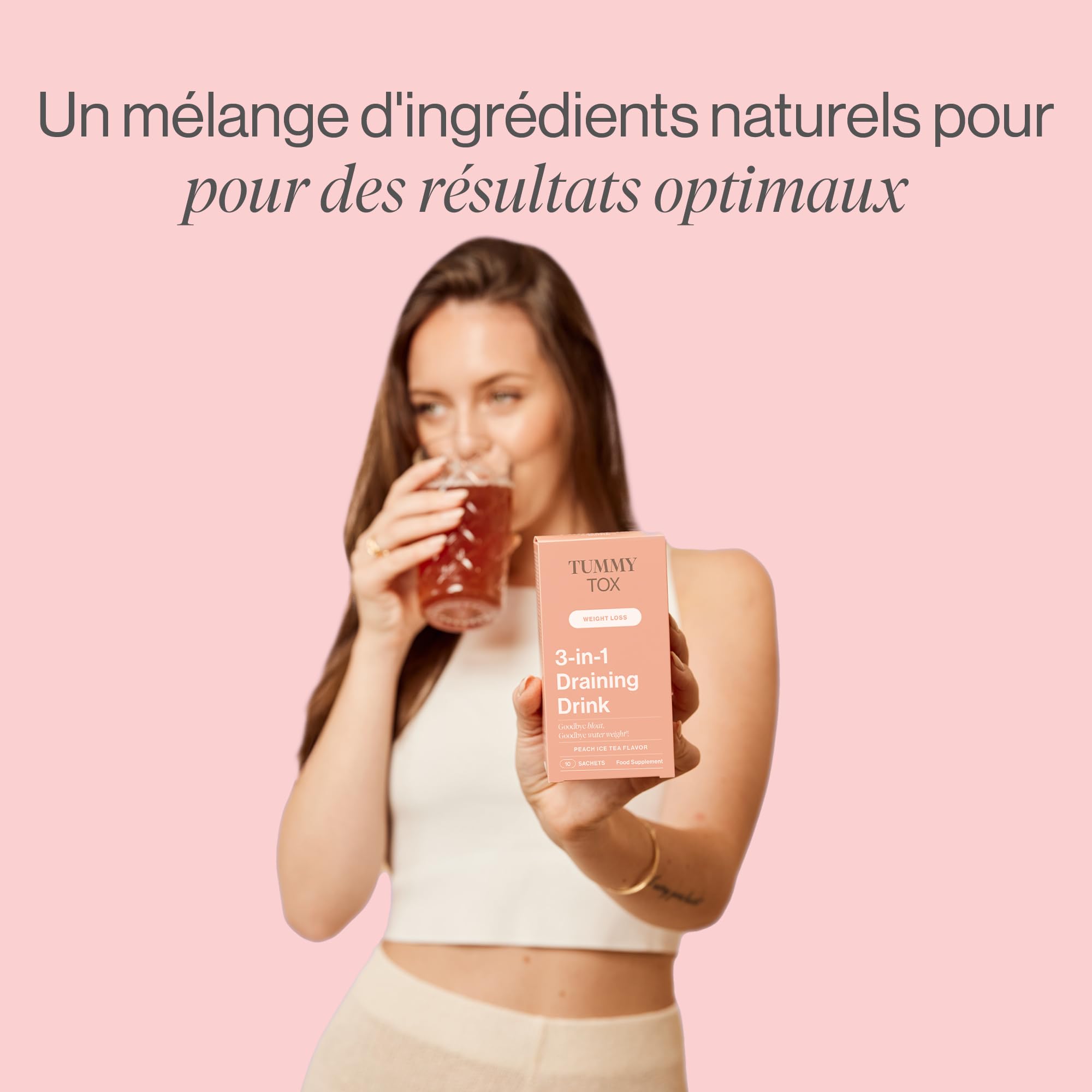 Tummy Tox Draining Drink 3-en-1 - Goût Pêche, 30 Sachets | Racine de Pissenlit, Ortie, Artichaut, Hibiscus, le Magnésium contribue à l'Équilibre Électrolytique